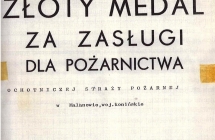 Dyplom nadania złtego medalu za zasługi dla pożarnictwa dla OSP Malanów - 1992 rok