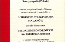 Dyplom nadania medalu honorowego imienia Bolesława Chomicza dla OSP Malanów - 2016 rok